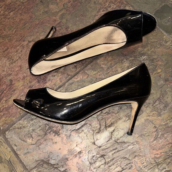 Max Mara Black Patent Leather Peep Toe Pumps Stiletto Heels 39 US 8.5 - Picture 1 of 9